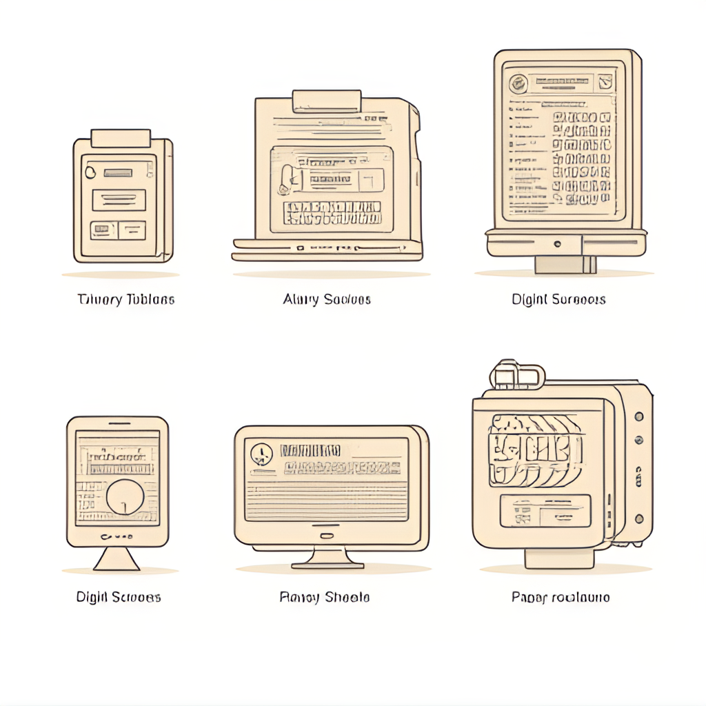An illustration showing different types of lottery tickets and digital interfaces, representing the evolution of lottery in Thailand, including traditional paper tickets and digital screens.