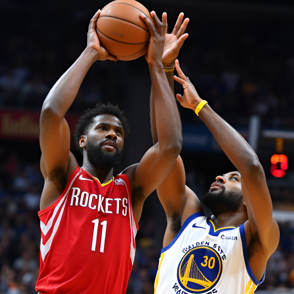 A dynamic image of Jalen Green of the Houston Rockets making a contested jump shot against a Golden State Warriors player, showcasing his athleticism and focus, with the basketball hoop in the background.