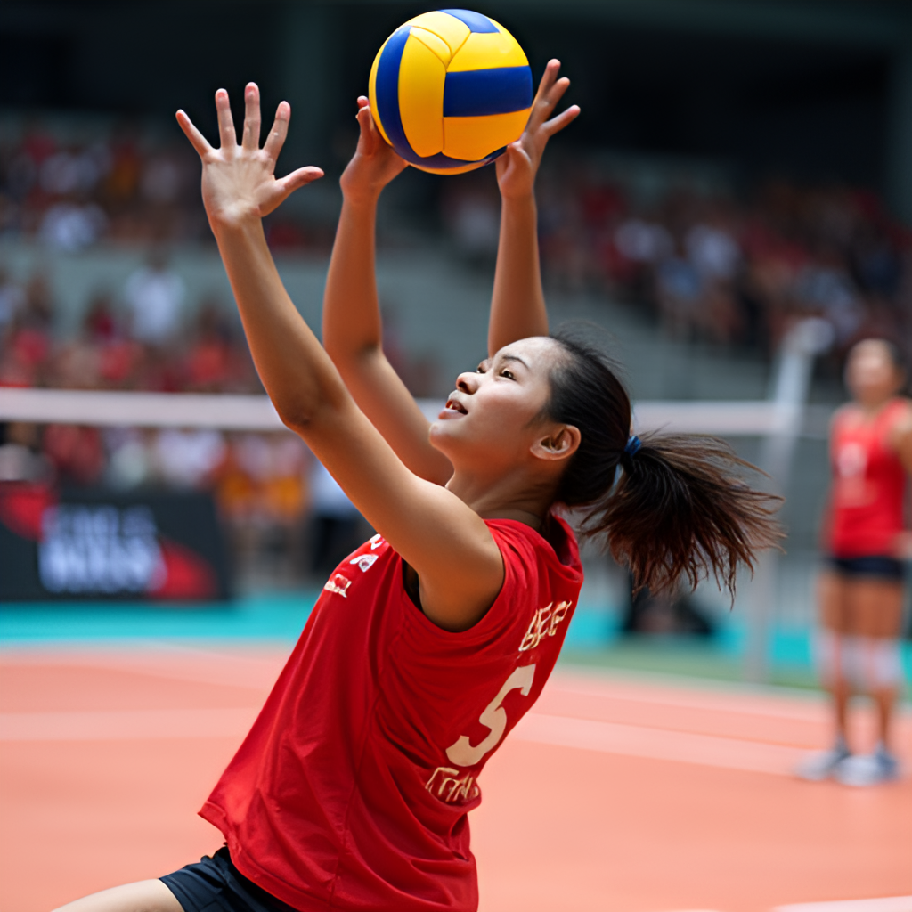 An action shot of a young Thai women's national volleyball player powerfully spiking the ball during a match, representing the new generation and future of the team