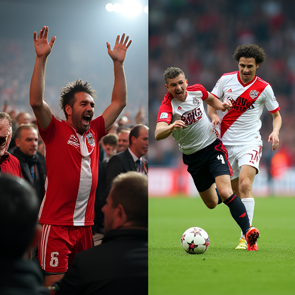 A split image showing two contrasting scenes: on one side, passionate Feyenoord fans celebrating a goal wildly at De Kuip; on the other side, intense action during a 'De Klassieker' match against Ajax, highlighting the rivalry.