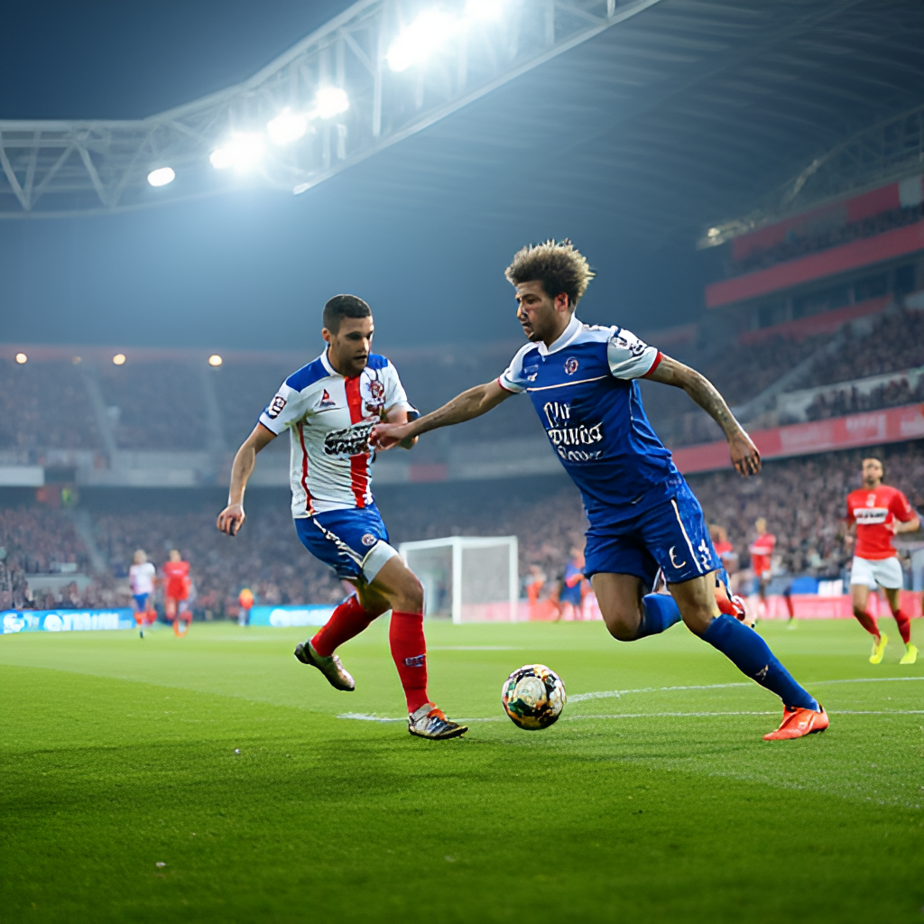 A dynamic photograph capturing the energy of a football match at Stade de l'Abbé-Deschamps, the home ground of AJ Auxerre, showing players on the pitch and enthusiastic fans in the stands with team colors visible.