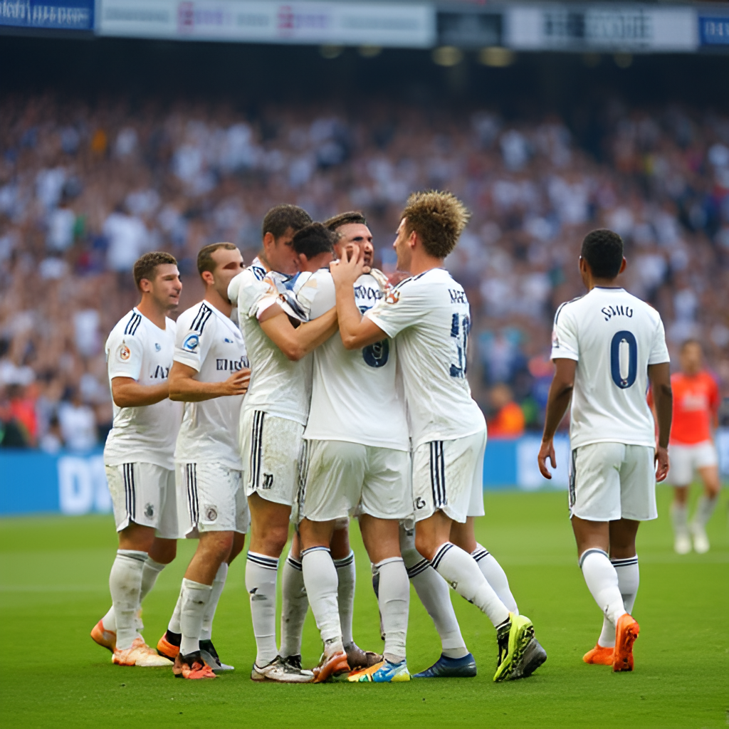 A vibrant photo capturing the energy of Real Madrid players celebrating a goal on the pitch, with the Santiago Bernabeu crowd in the background, banners waving.