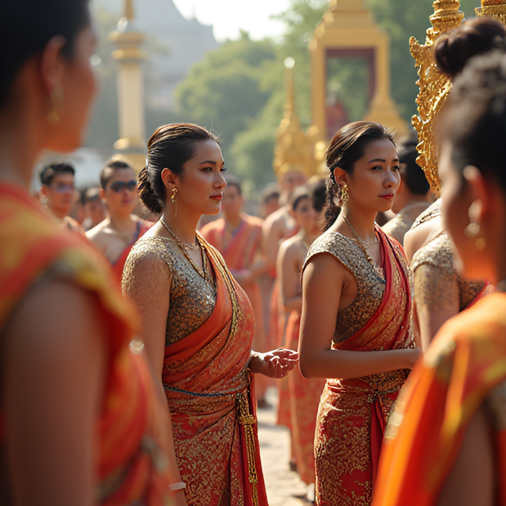 A scene depicting a representative of the royal family attending a significant cultural or religious ceremony in Thailand, with traditional elements visible.