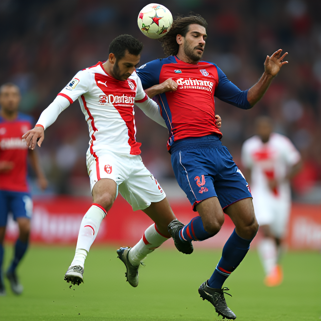 A dynamic action shot of two football players, one from Monaco and one from Lyon (OL), challenging for the ball in mid-air during a match, with other players in the background.