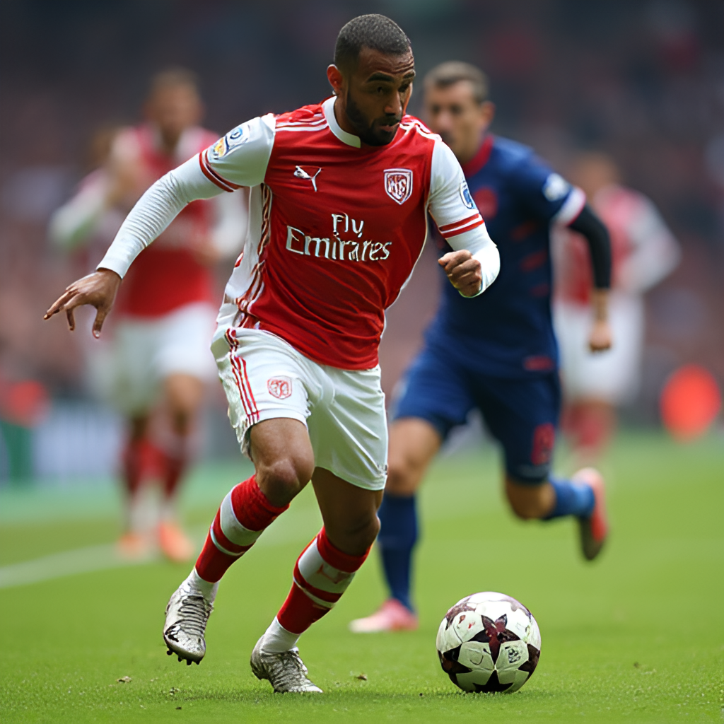 A close-up action shot of a famous Ligue 1 player dribbling past an opponent with intensity and focus.