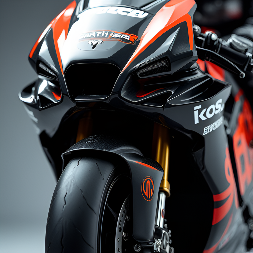 A close-up detailed shot of the front section of a modern MotoGP bike, highlighting the complex aerodynamic fairings and advanced braking system, technical and sharp focus