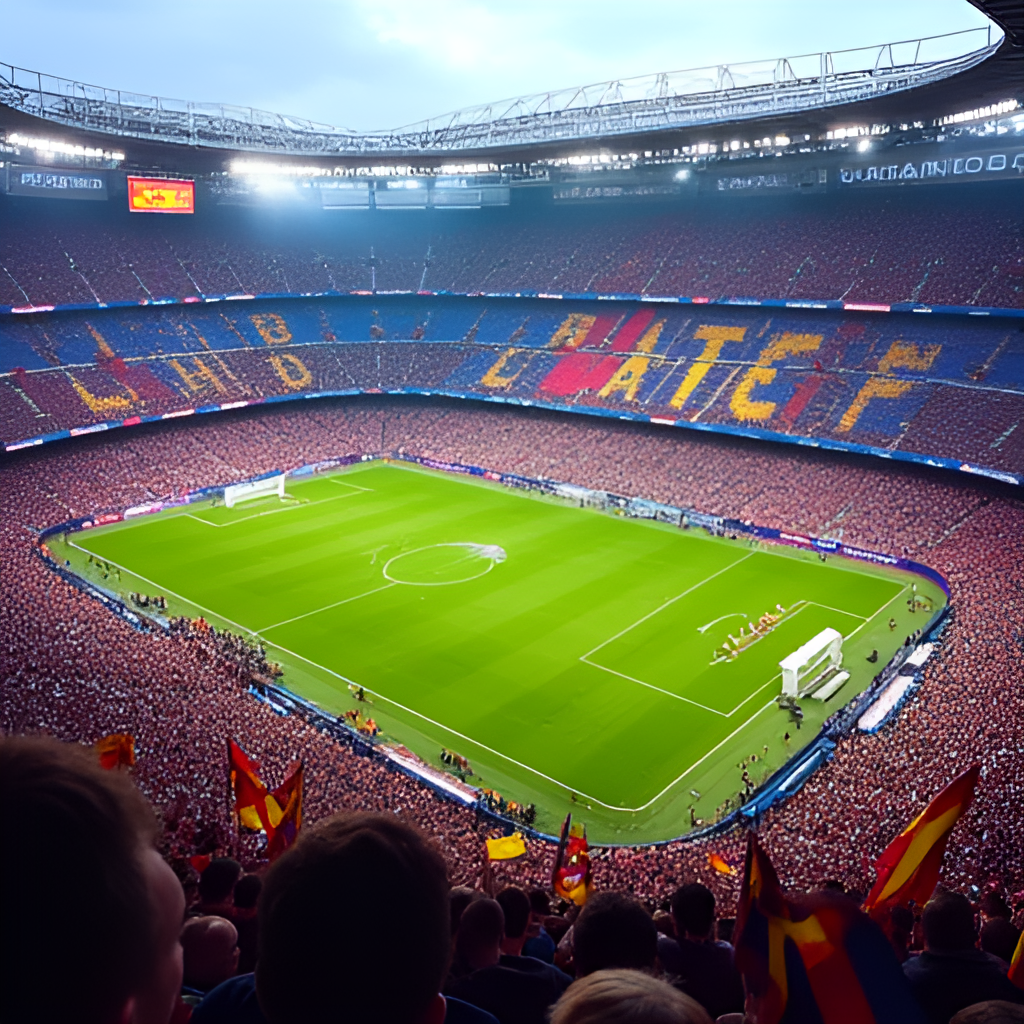 A vibrant, modern aerial shot of either Camp Nou or Santiago Bernabéu stadium packed with fans holding team flags during a highly anticipated El Clásico match.
