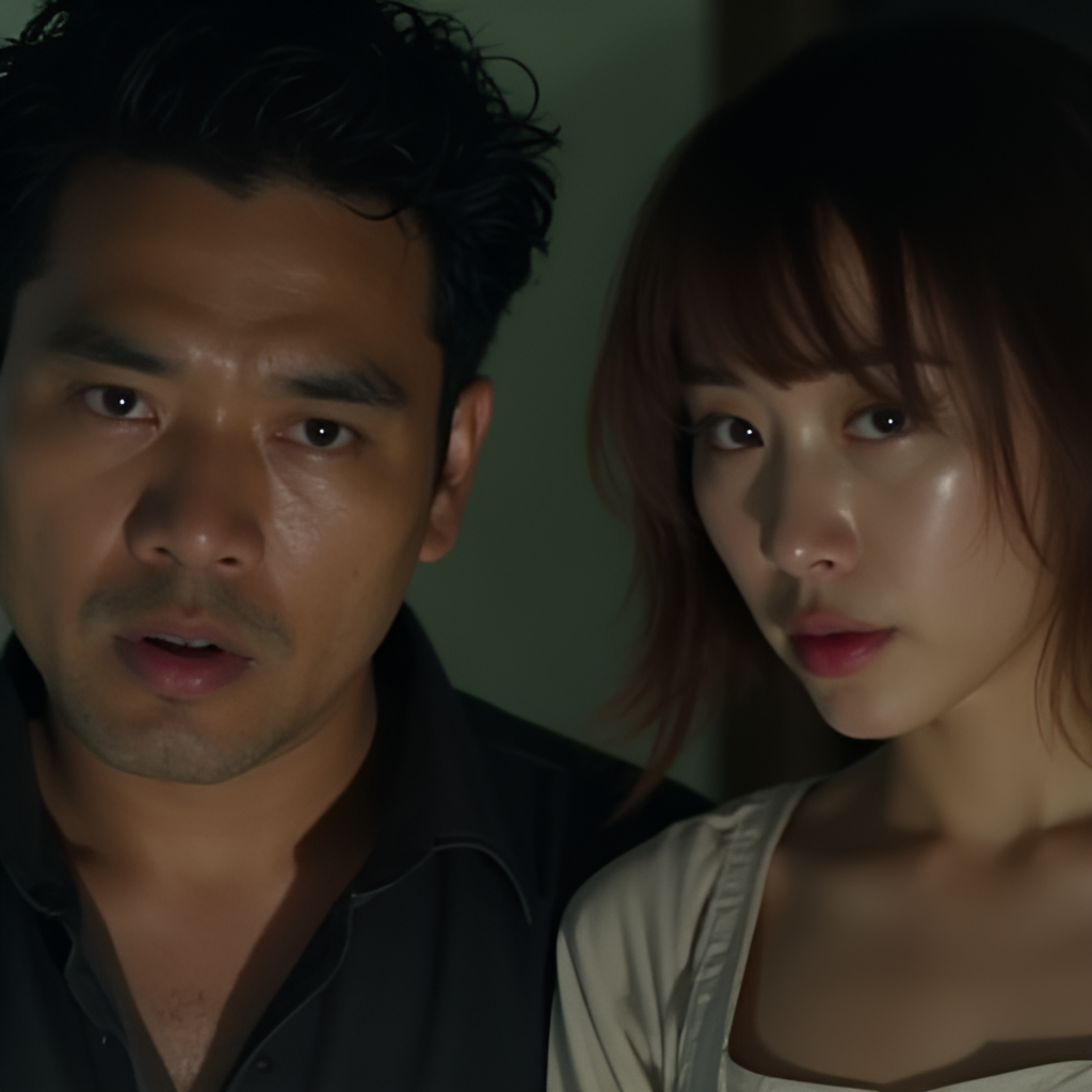 A tense scene between two characters in a Thai drama, a man and a woman, looking worried or suspicious. One character is subtly looking away or showing signs of hiding something. The lighting is slightly dramatic to enhance the mood of uncertainty or secrecy.