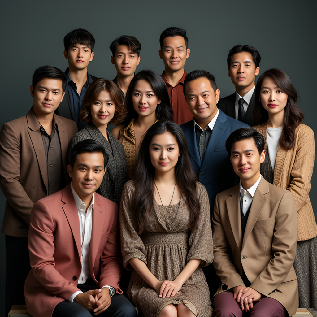 A group photo of the main cast of the Thai drama 'Chata Hong' (ชะตาหงส์), showcasing the diverse range of actors from younger leads to experienced veterans, in a promotional style.