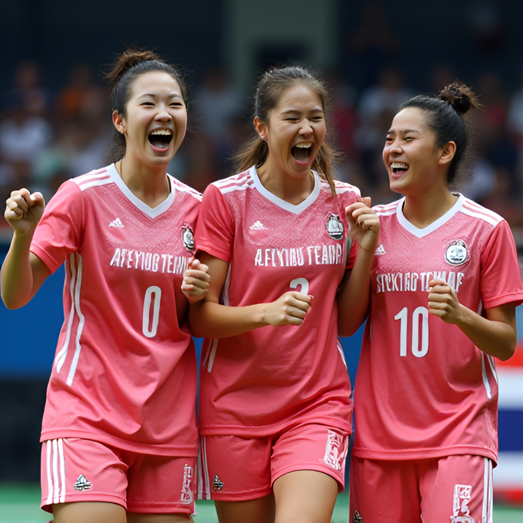An image celebrating the Thai women's national futsal team, showing players cheering and celebrating their qualification for the Futsal Women's World Cup, possibly with a national flag or team banner.