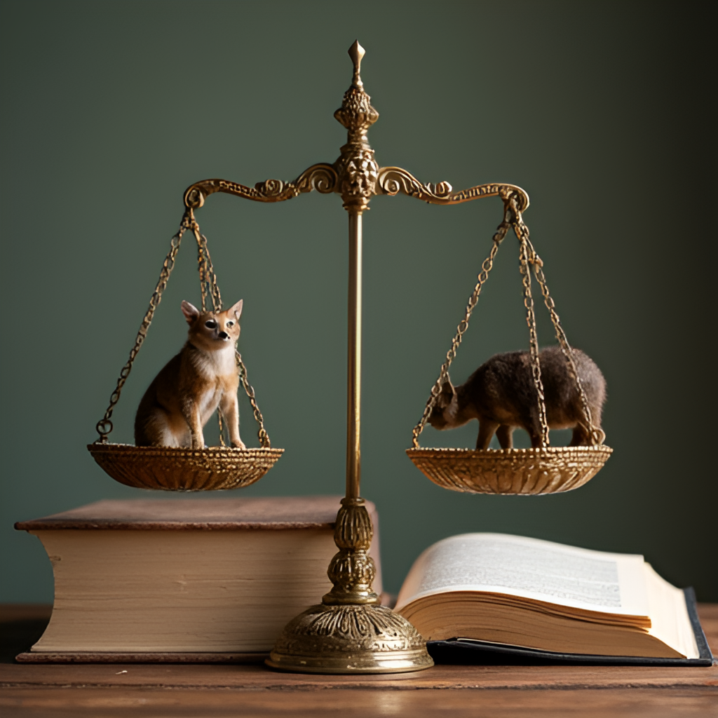 A conceptual image showing scales of justice balancing with elements representing wildlife and legal books, illustrating the theme of legal proceedings and social impact related to wildlife cases.