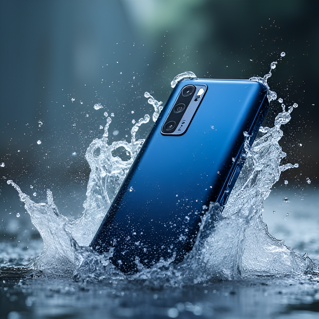 A dynamic shot highlighting the durability of the realme 14T, perhaps showing it being splashed with water or in a slightly dusty environment, emphasizing its IP ratings.