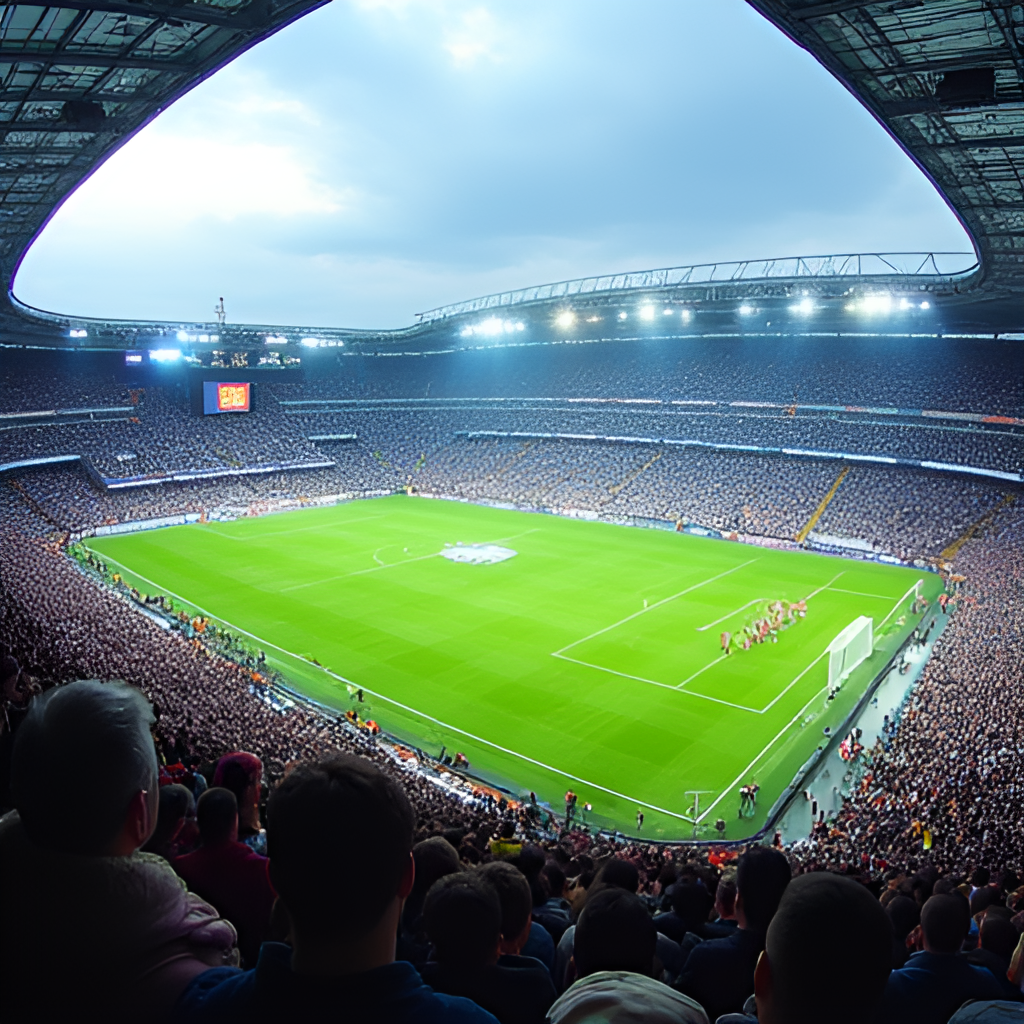 A dynamic wide-angle shot of a packed football stadium in Japan during a J1 League match, showing enthusiastic fans, players on the field, and the vibrant atmosphere of a professional sports event.