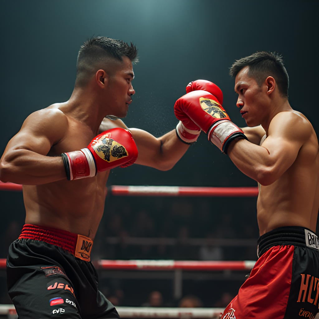 A dynamic action shot of a Muay Thai fight in progress, focusing on the power and technique of the fighters. The image should also subtly include elements that tie back to the series' themes, perhaps through the expressions of the fighters or the atmosphere of the ring, suggesting that more than just a match is taking place.