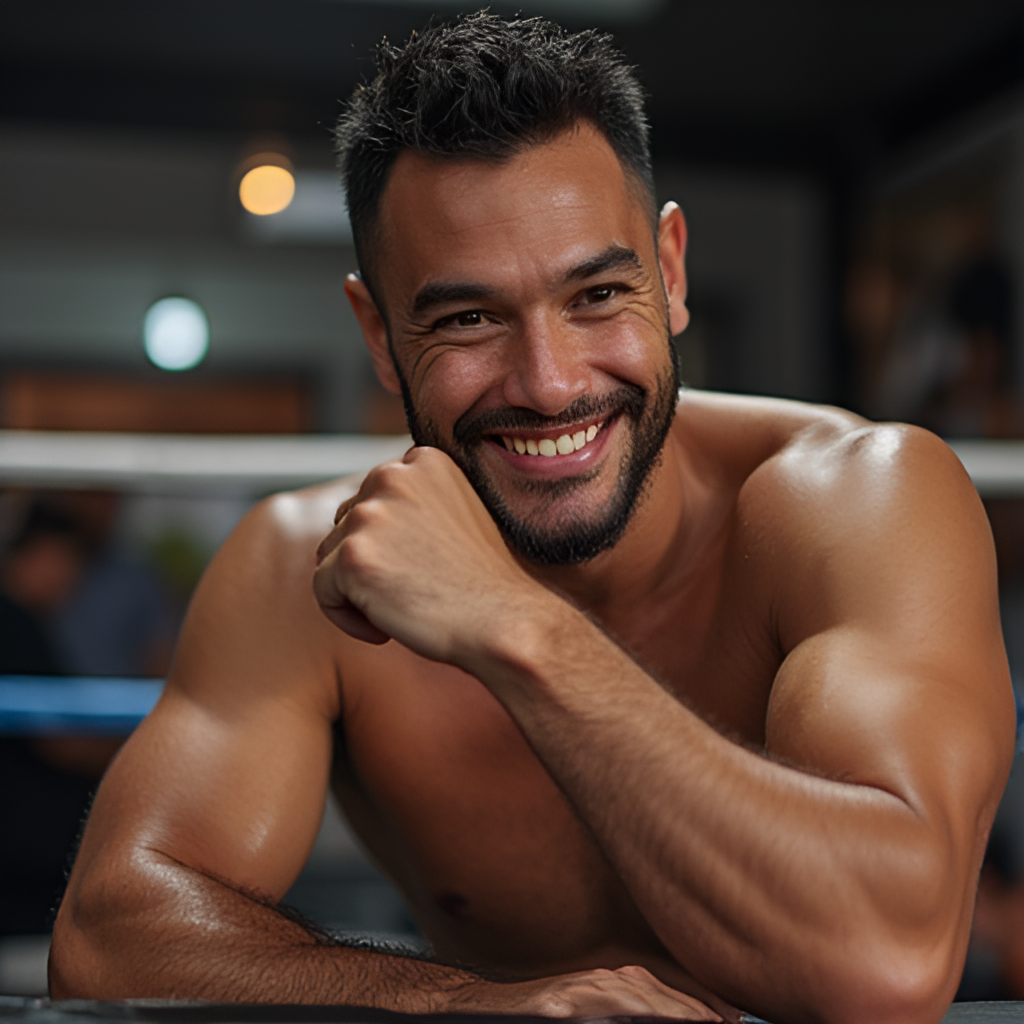A portrait of Somluck Kamsing in a more relaxed setting, perhaps smiling or gesturing, reflecting his personality outside the boxing ring, possibly with elements hinting at his entertainment or business ventures.