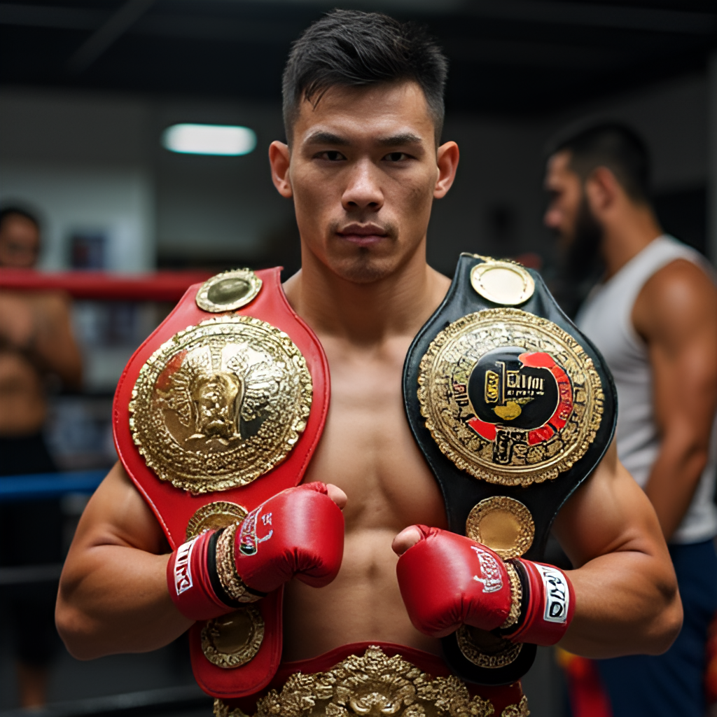 A portrait of a famous Muay Thai fighter who gained prominence from Muay Thai 7 See, possibly showing them posing confidently with championship belts or in a training environment.