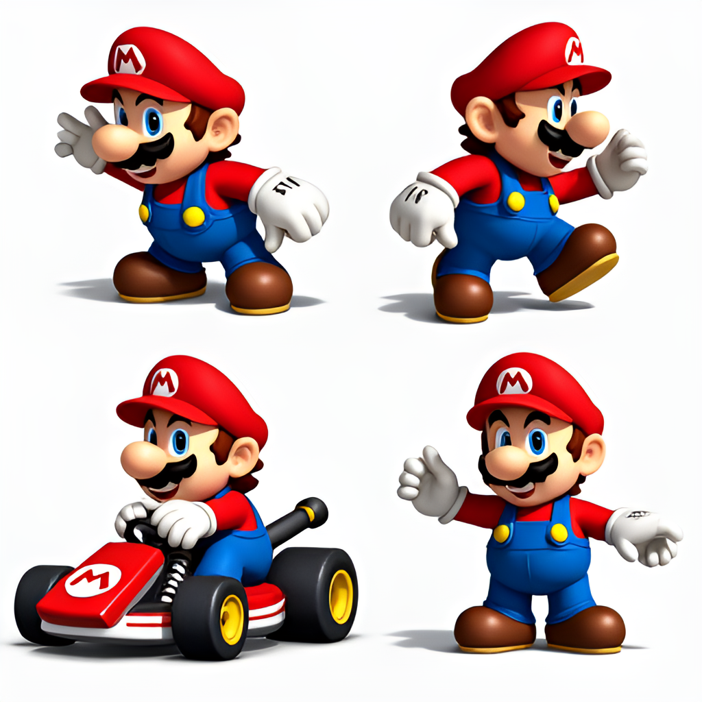 A montage image showing Mario in various game styles: 2D pixel art, 3D from Super Mario 64, driving a kart from Mario Kart, and in the Paper Mario style.