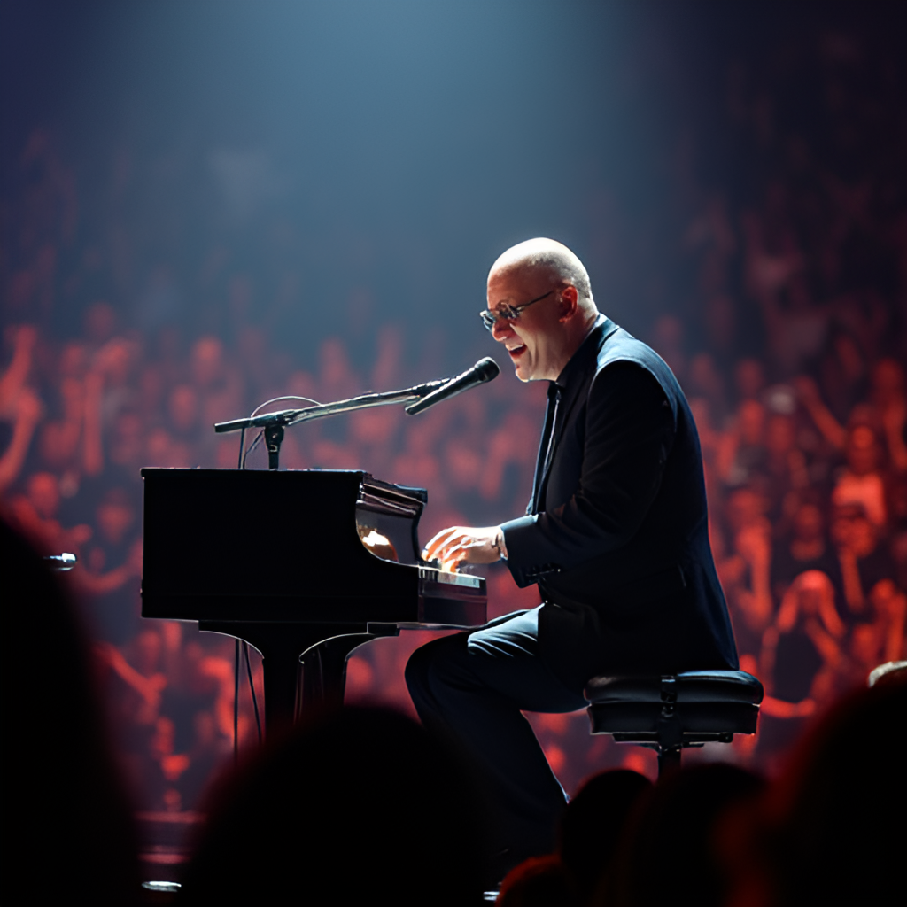 A dynamic photograph capturing Billy Joel performing live on stage, energetically playing the piano and singing to a large audience, emphasizing the connection and atmosphere of his concerts.