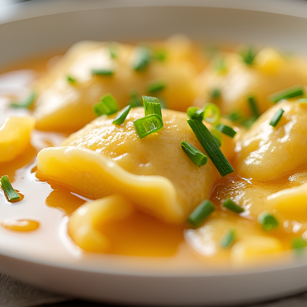 A close-up, appetizing shot of a plate of Maultaschen served in broth, garnished with chives, showcasing traditional Swabian cuisine.