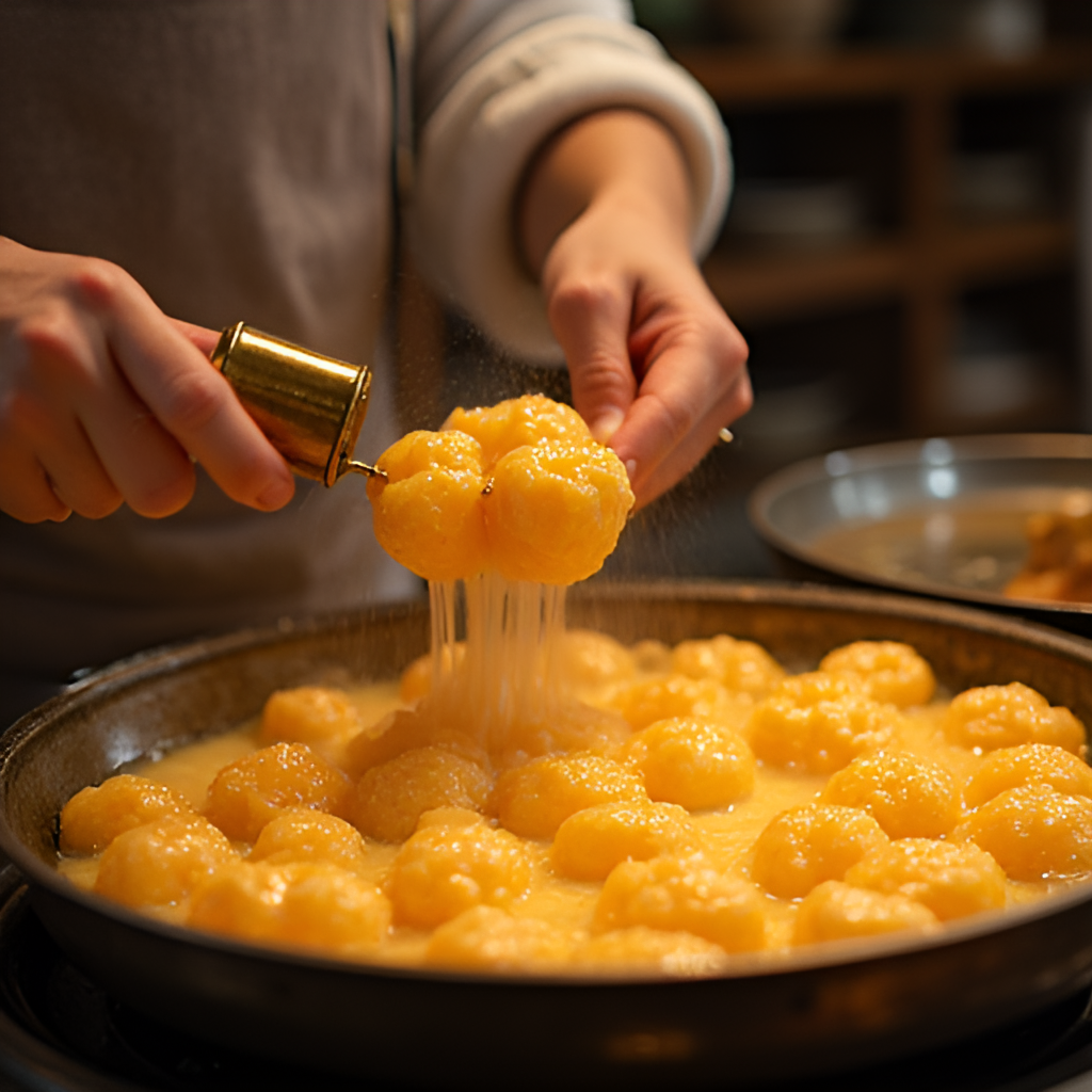 A dynamic action shot illustrating the process of making Kan Tong, specifically focusing on dipping the brass mold into the batter or frying the crispy cups in hot oil. Show the heat shimmers from the oil and the skilled hands of the person making the dessert in a traditional kitchen setting.
