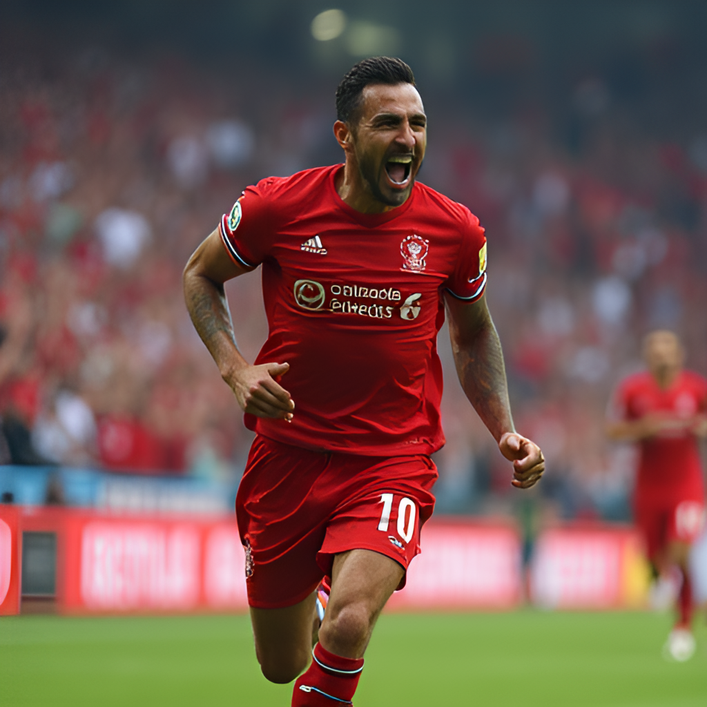 A dynamic action shot of a Galatasaray player celebrating a goal in front of the passionate home crowd, capturing the energy and emotion of the moment.
