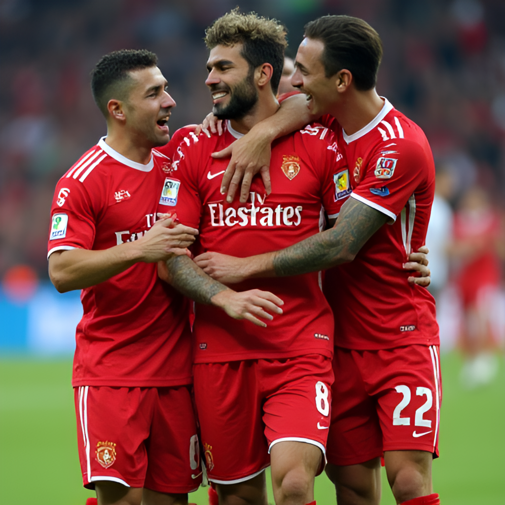 A close-up action shot of Osasuna players celebrating a goal on the pitch, showing their teamwork and determination.