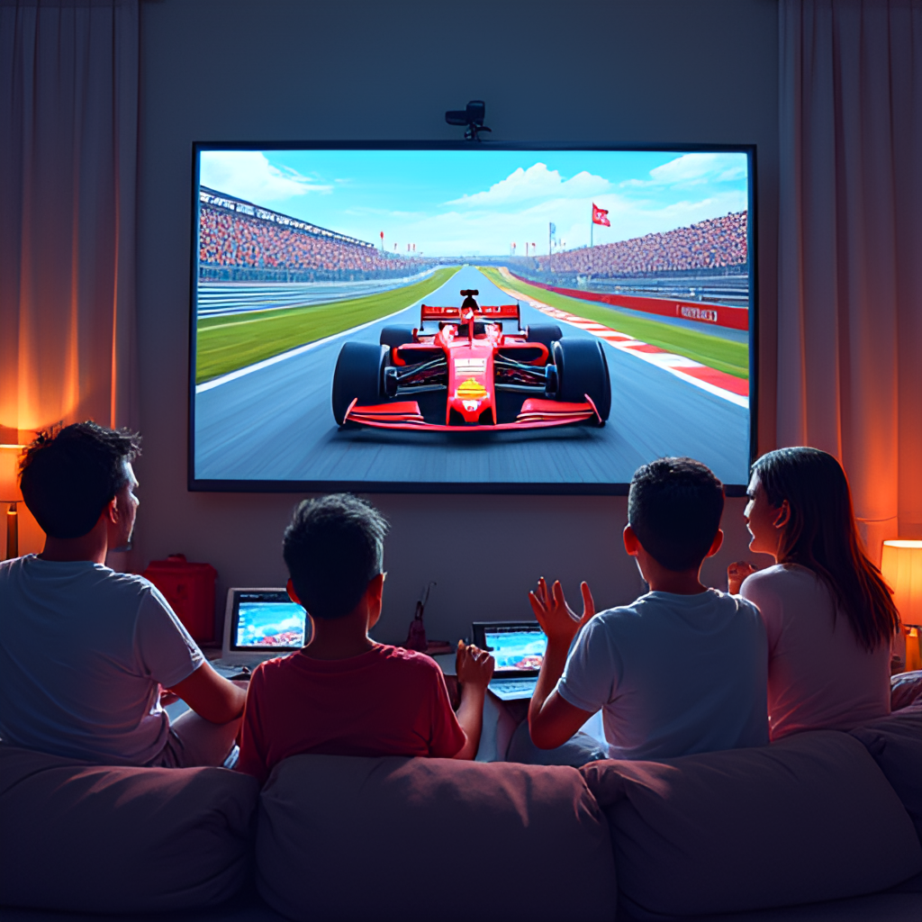 Digital painting or photo illustration showing a diverse group of people watching an F1 race on a screen at home, with excited expressions. The scene should include elements like snacks, team merchandise, and multiple devices (laptop, phone) showing race data.