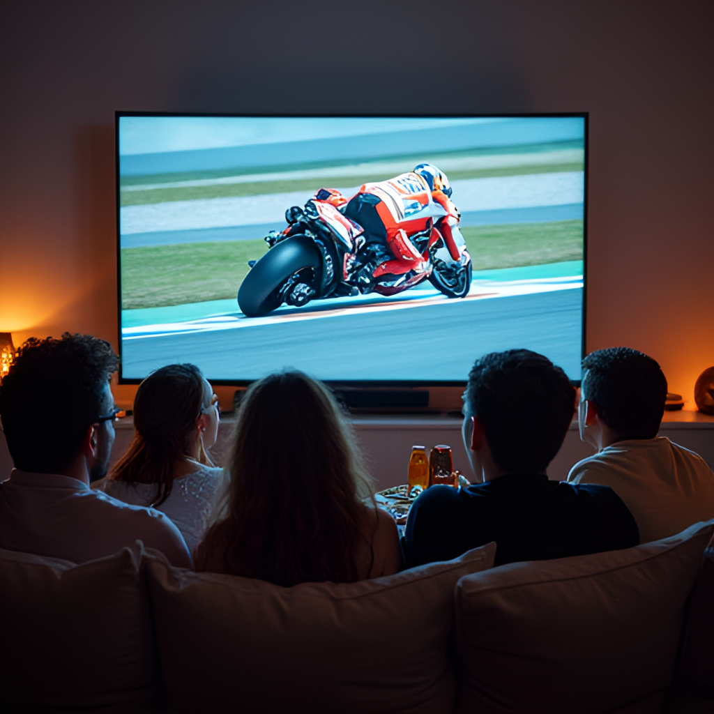 A group of diverse friends or family gathered together, excitedly watching a MotoGP race on a large screen TV at home, with snacks and drinks visible.