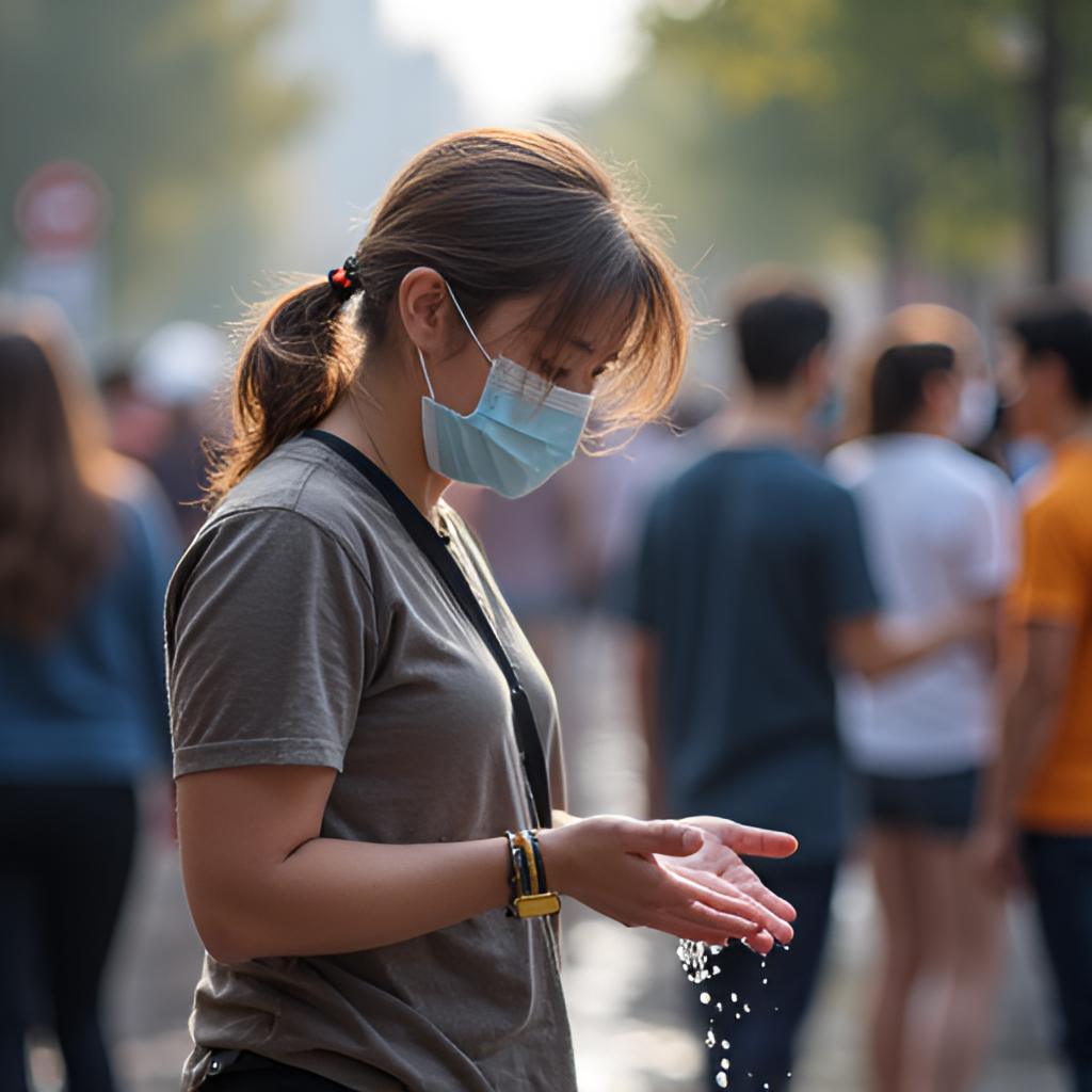 A photo of a person practicing good hygiene in 2025, maybe washing hands or wearing a mask in a moderately crowded outdoor setting, illustrating continued prevention efforts.
