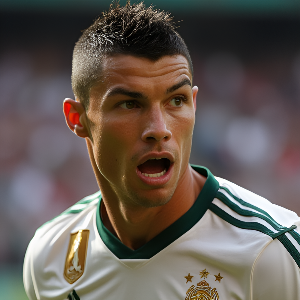 A close-up shot of a football player, possibly Cristiano Ronaldo or a key player from Al Fateh, in intense focus during a match, conveying determination and skill.