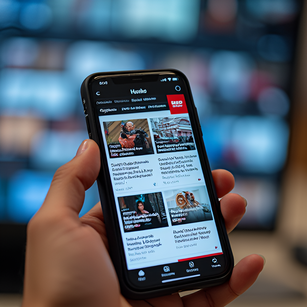 A close-up of a hand holding a smartphone displaying the BBC News Thai website, with a blurred background of current news headlines, emphasizing digital access to news