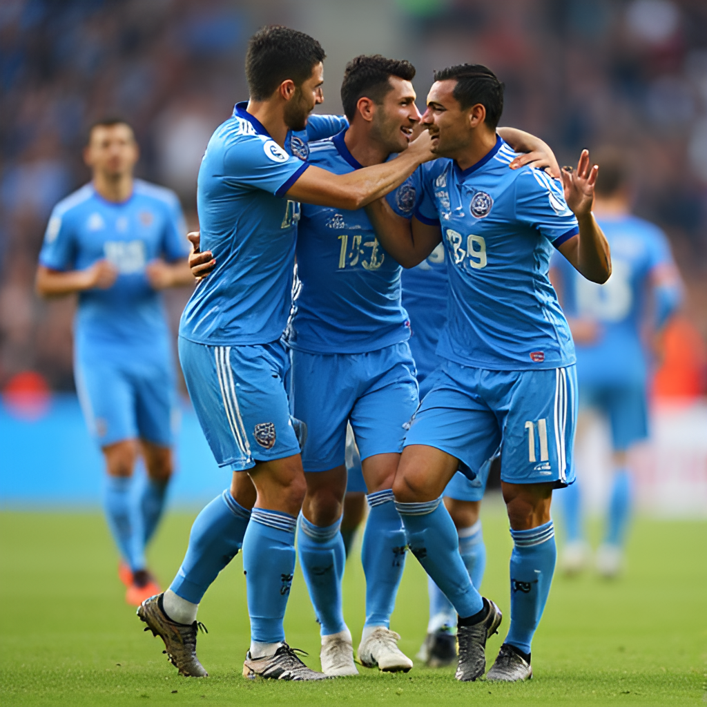 A dynamic action shot of Al Hilal players celebrating a goal, featuring key players like Aleksandar Mitrovic or Salem Al-Dawsari in their blue kits