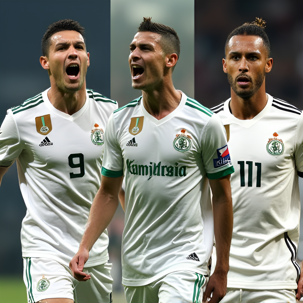 A composite image showing several famous football players (like Ronaldo, Benzema, Neymar) in their Saudi Pro League club kits, perhaps celebrating goals or in action poses, highlighting the influx of global talent.