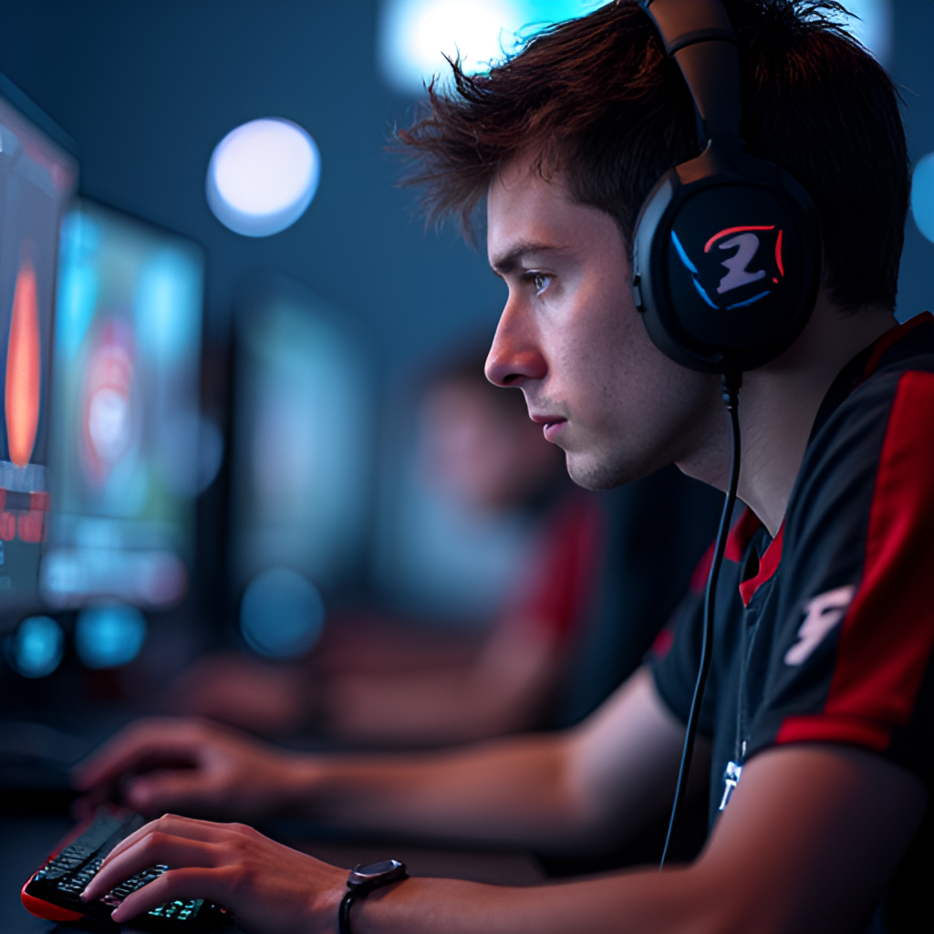 A close-up shot of a professional DOTA 2 player intensely focused on their monitor during a match, with gaming peripherals visible and team logos blurred in the background.