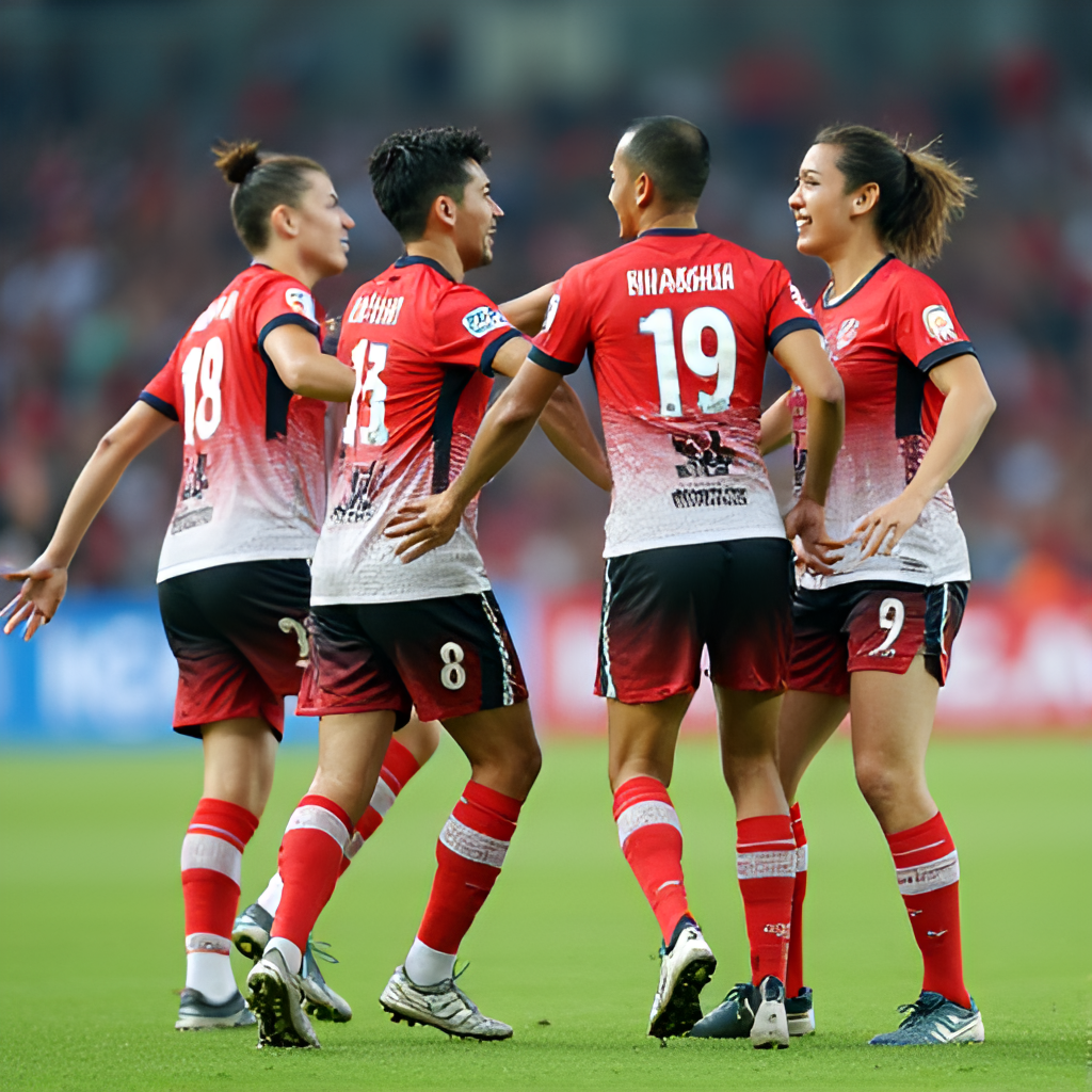 A dynamic action shot of players from BG Pathum United celebrating a goal during a Thai League match, showing their team kits and the energy on the field.