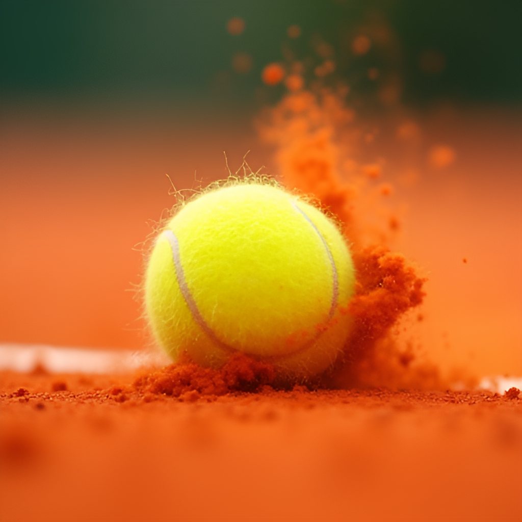 Close-up shot of a tennis ball hitting the red clay court at Roland Garros, showing the clay dust kicking up.