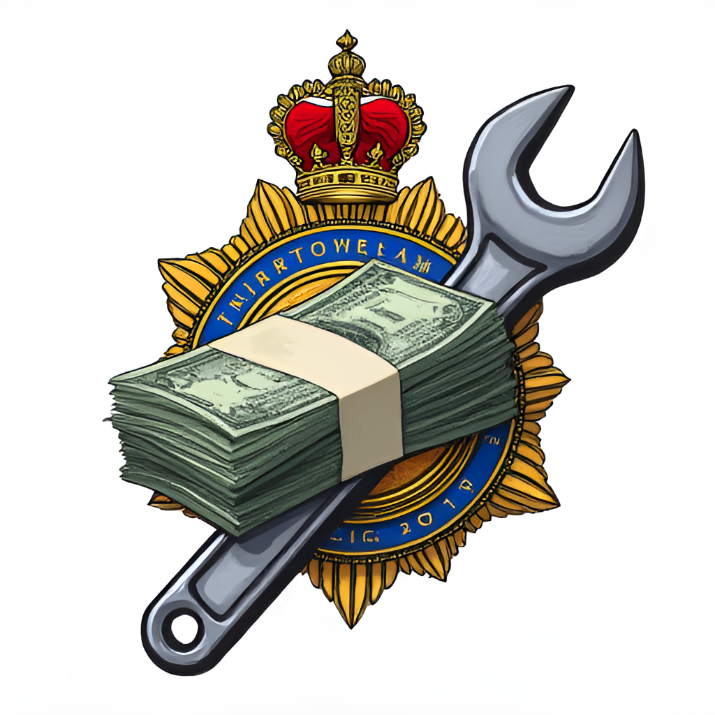 A conceptual illustration in a news report style, showing the Thai police logo with a wrench and a stack of money overlaid, symbolizing maintenance and budget issues affecting the police air wing.