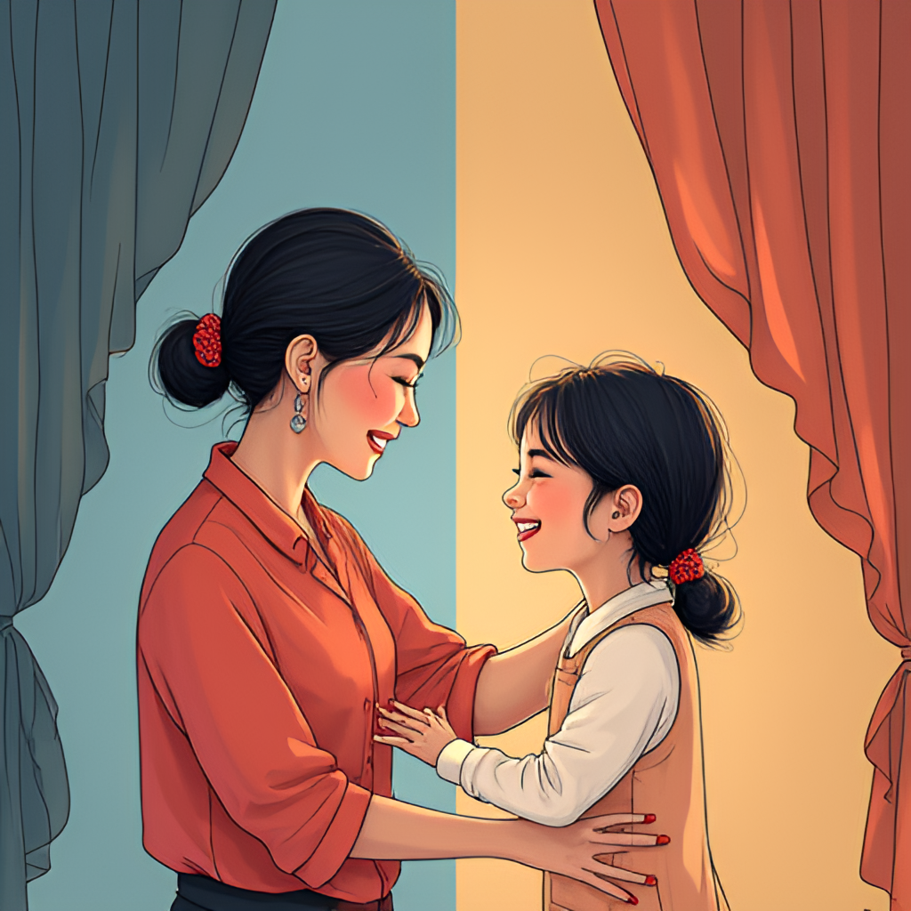 An illustrative image depicting the different facets of Oh Pakjira's life – perhaps a split image showing her on a stage as a host on one side and interacting warmly with her daughter on the other, symbolizing her balance of career and family.