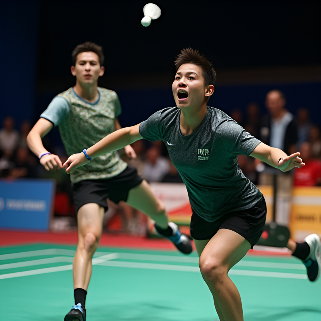A dynamic action shot of two top badminton players in mid-rally during a match, focusing on their intense expressions and shuttlecock.