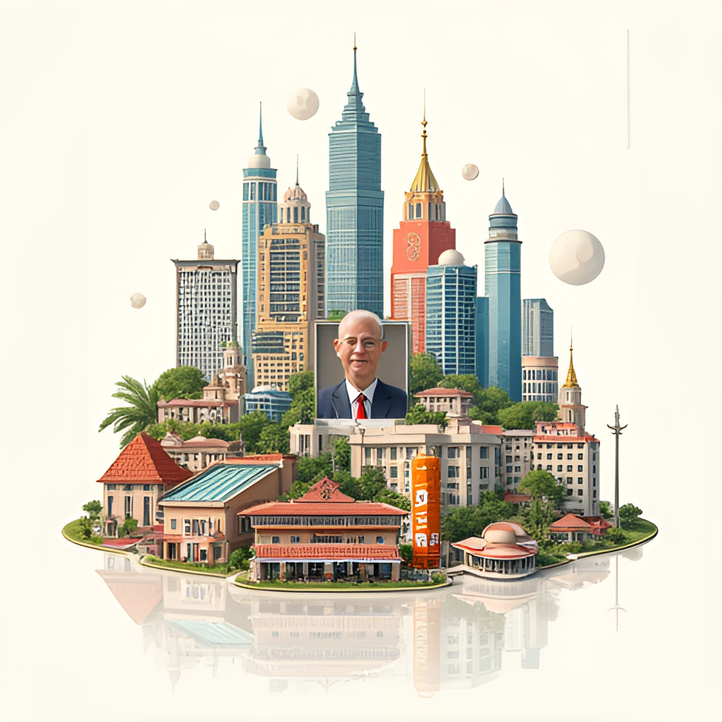 A modern, sophisticated photo illustration showing the diverse portfolio of TCC Group, perhaps with iconic buildings representing real estate, beverage bottles representing ThaiBev, retail store facades for BJC/Big C, and symbols for finance and agriculture, arranged visually to show a vast business empire, with a subtle portrait of Charoen Sirivadhavanabhakdi in the background or corner.