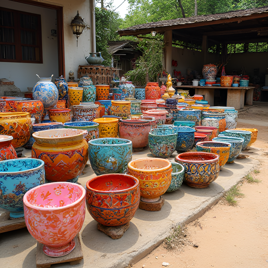 A vibrant display of colorful ceramic art pieces arranged creatively in an outdoor setting at Tao Hong Tai ceramic factory in Ratchaburi.