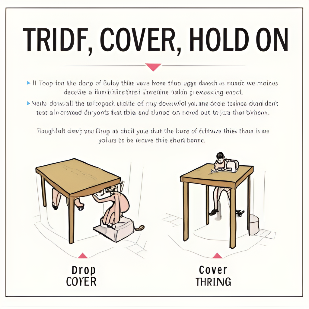 A visual guide or illustration depicting the 'Drop, Cover, Hold On' safety procedure during an earthquake inside a building, showing a person taking cover under a sturdy table.