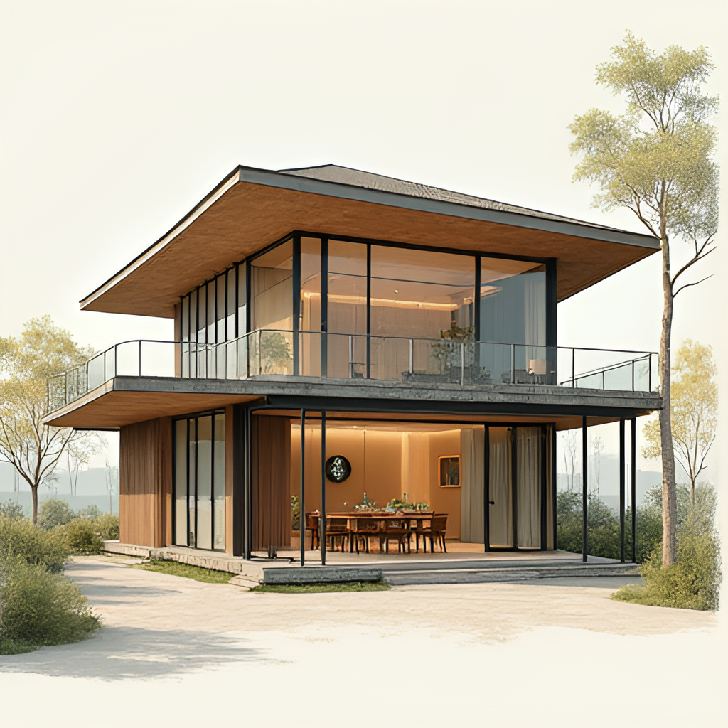 An illustrative image showing a modern house or studio with musical elements subtly incorporated, representing Kru Toey's 'Kuentin Studio' project and his creative space.