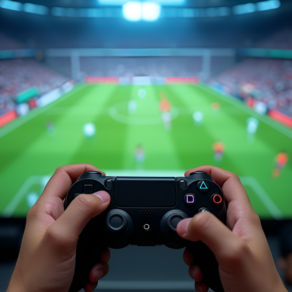 A close-up photo of a player's hands holding a game controller, with a dynamic football match happening on a screen in the background, symbolizing gameplay and skill in FC Online.