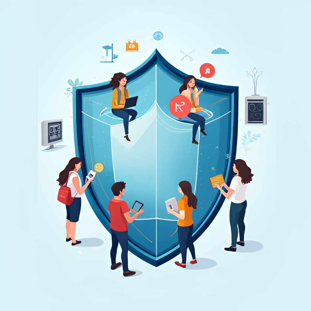 A symbolic image showing a shield protecting a diverse group of people using various communication devices (phones, TVs, radios), representing NBTC's role in consumer protection in the digital age.