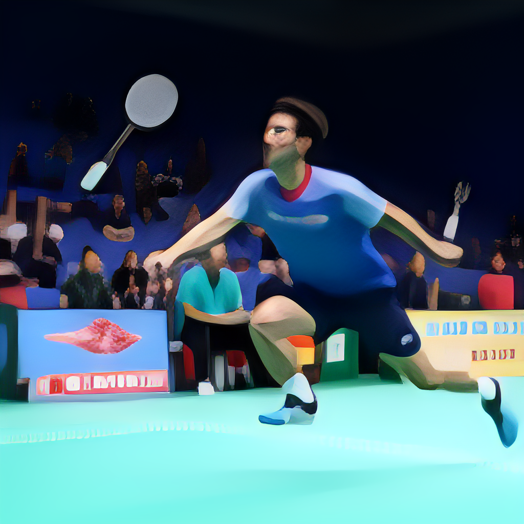 A dynamic action shot of a male badminton player in mid-air, performing a powerful smash on a blue badminton court, with a blurred background of spectators.