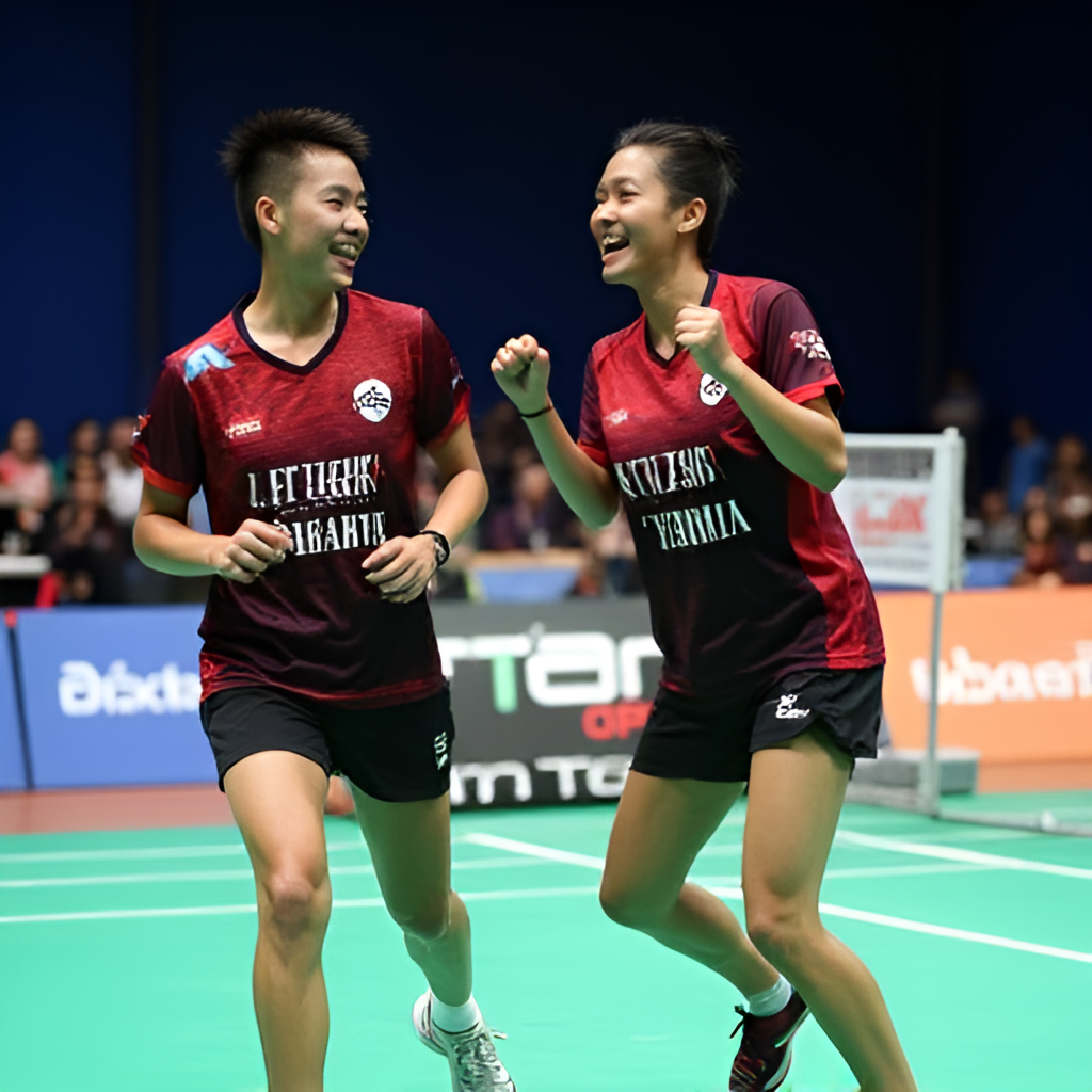 A photo of a mixed doubles badminton pair celebrating a point during the Indonesia Open 2025, showing teamwork and emotion on the court, with the tournament banner visible in the background.