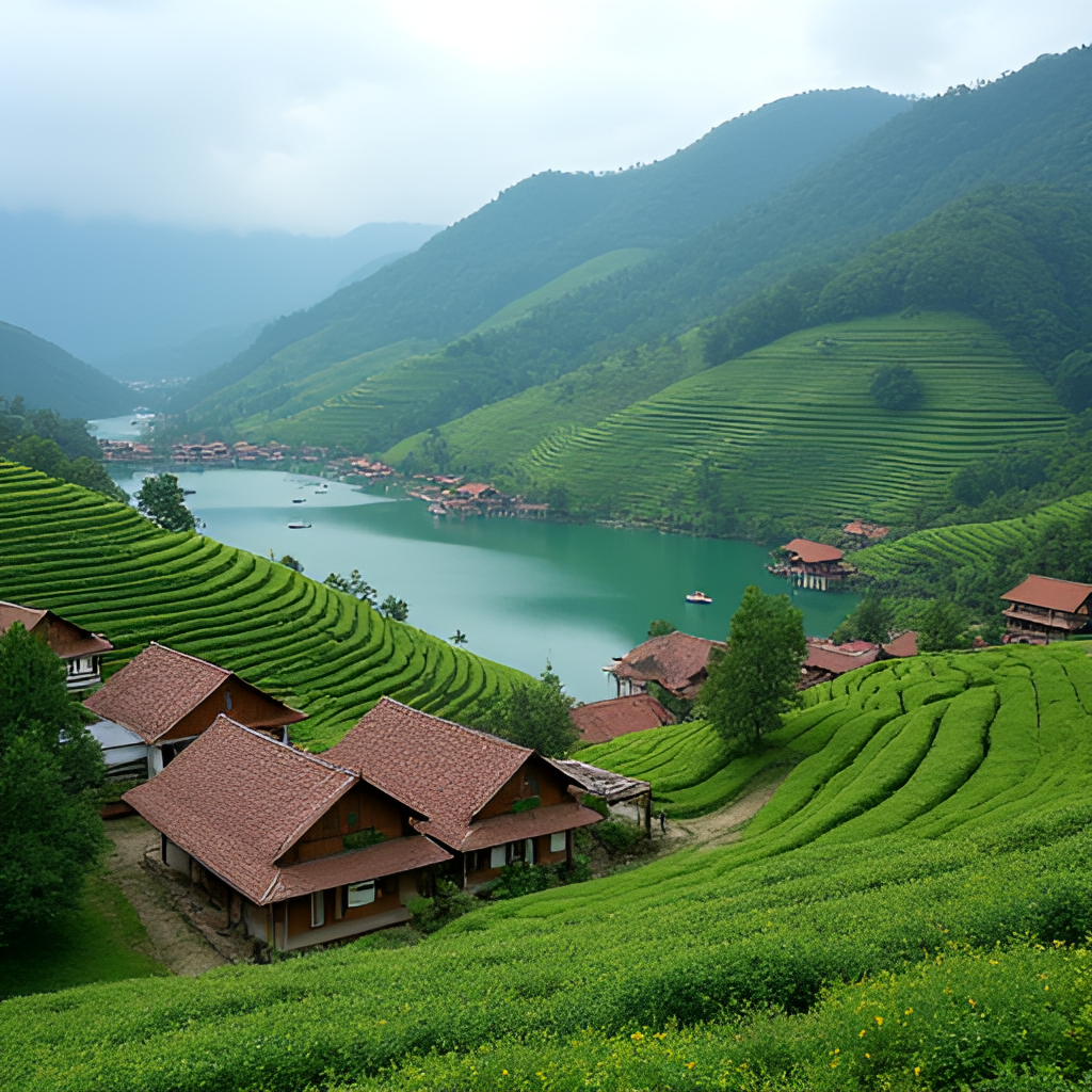 A picturesque view of Ban Rak Thai village in Mae Hong Son, Thailand, featuring traditional Yunnan-style clay houses, tea plantations on rolling hills, and a tranquil lake with boats, evoking a foreign country feel.