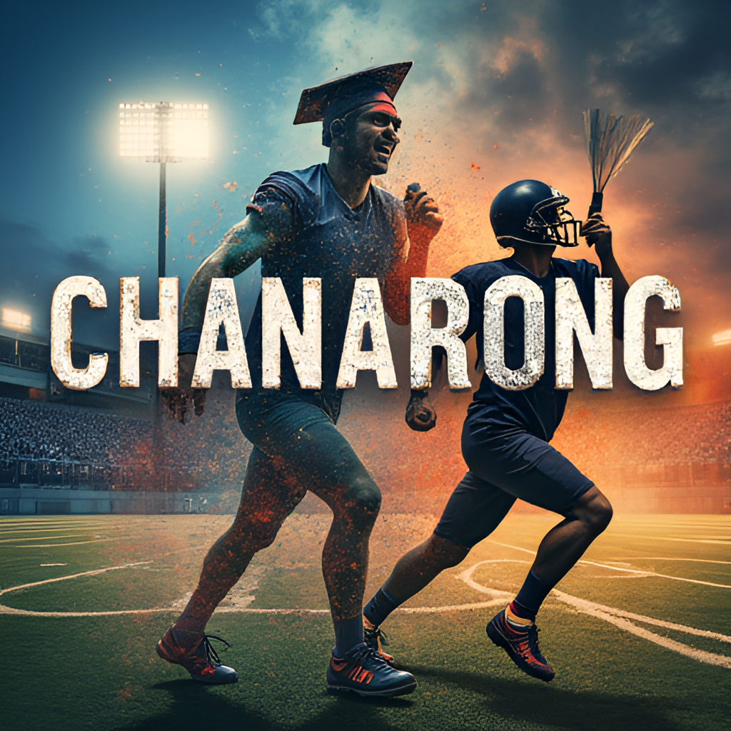 A collage or montage representing diverse fields where people named Chanarong have excelled, such as entertainment (stage lights, microphone), academia (books, graduation cap), and sports (football field, athlete silhouette), visually demonstrating the broad impact of the name's meaning.