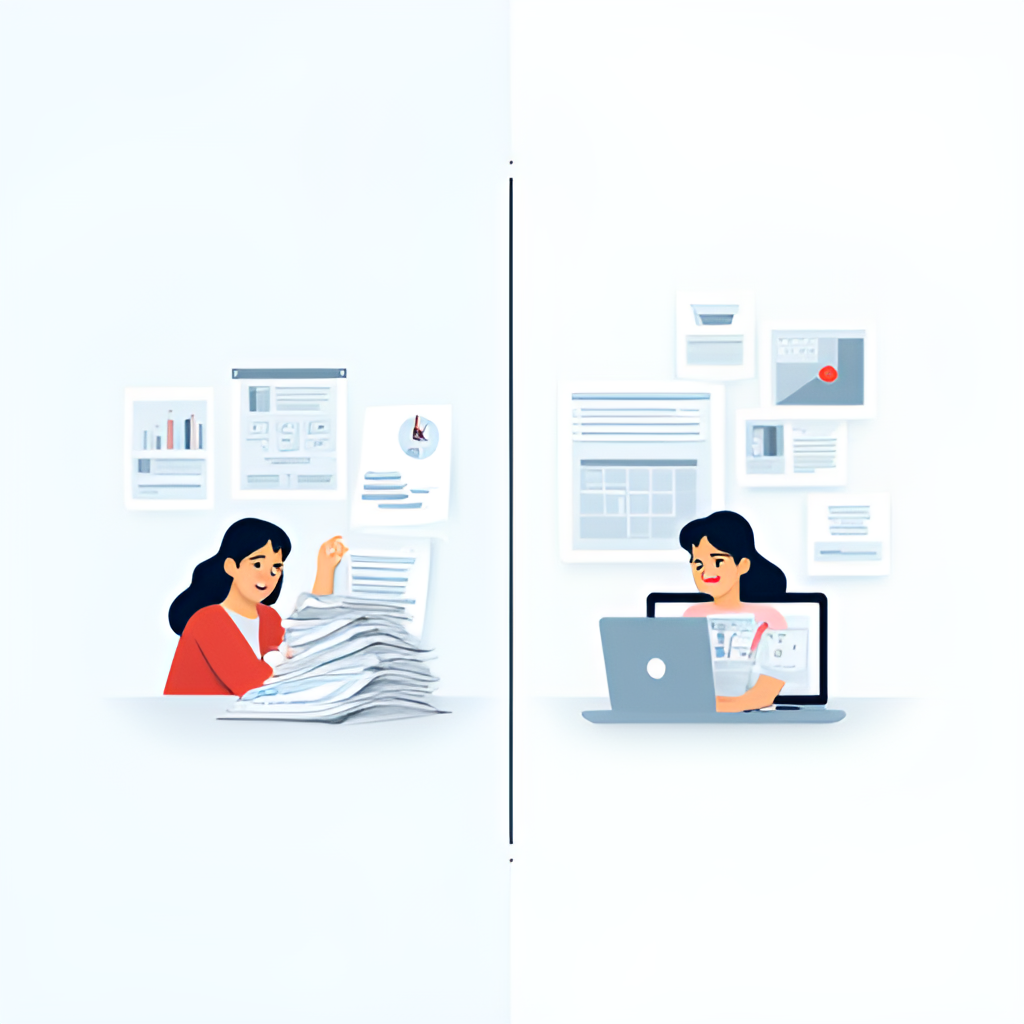 A split image showing two scenarios: on the left, a person is struggling with a stack of papers and complex spreadsheets; on the right, the same person is efficiently working on a laptop with clean, organized visuals on screen, representing the before and after of using an AI Copilot. Style: Flat illustration with a clean, professional look.